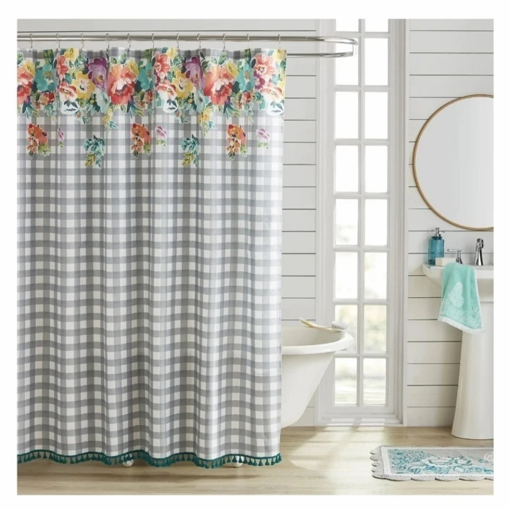 🌸 New Pioneer Woman Sweet Romance Gingham Floral Cotton-Rich Shower Curtain